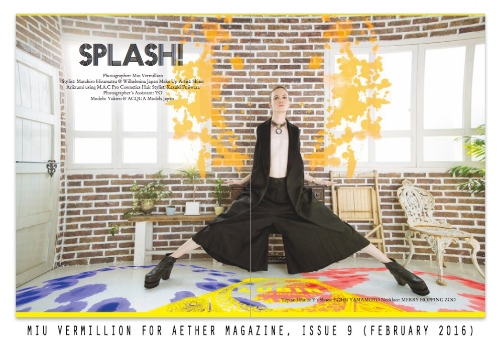 Splash! - Fashion Editorial by Miu Vermillion for Aether Magazine with androgynous model Yukiro Dravarious in Tokyo, Japan